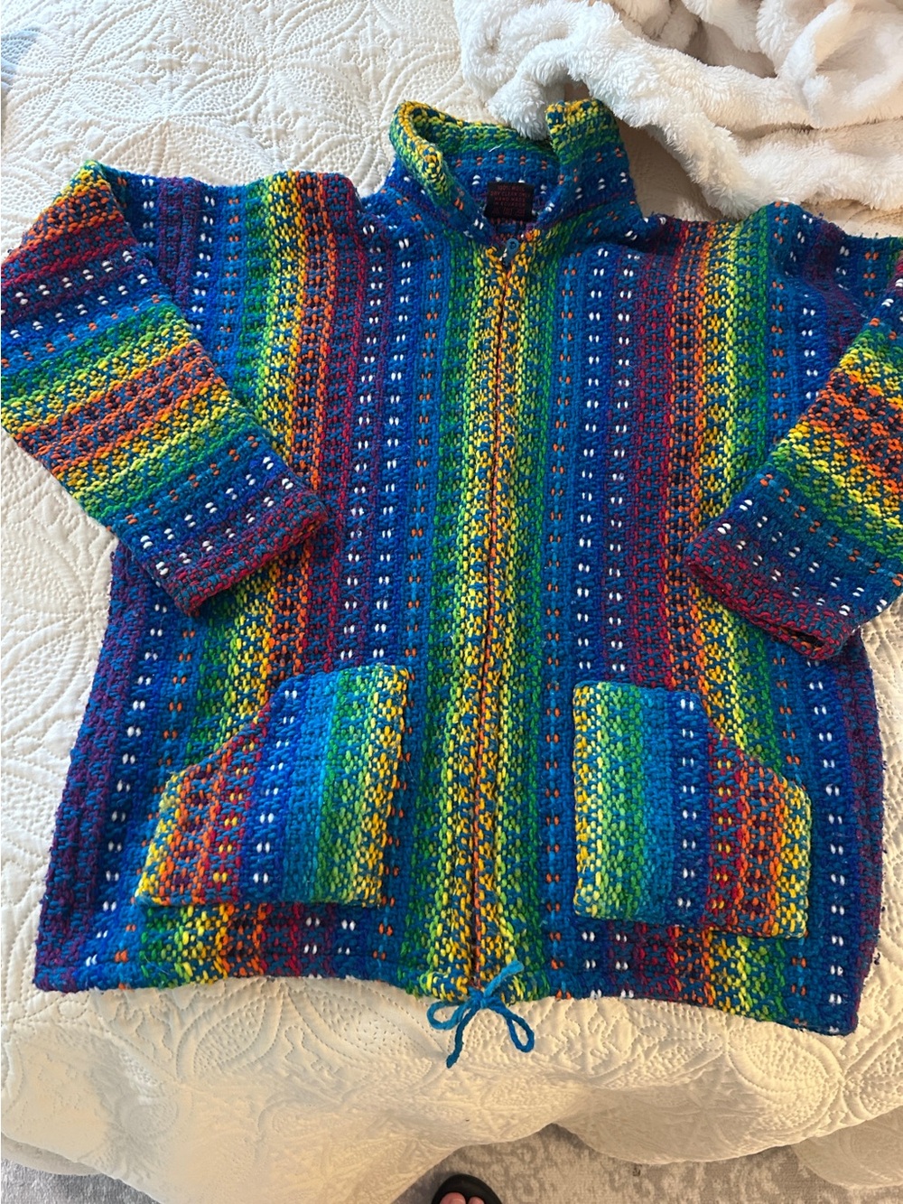 Chacras Ecuador 100% Wool Multicolor Woven Zip Jacket Handmade Boho Medium
